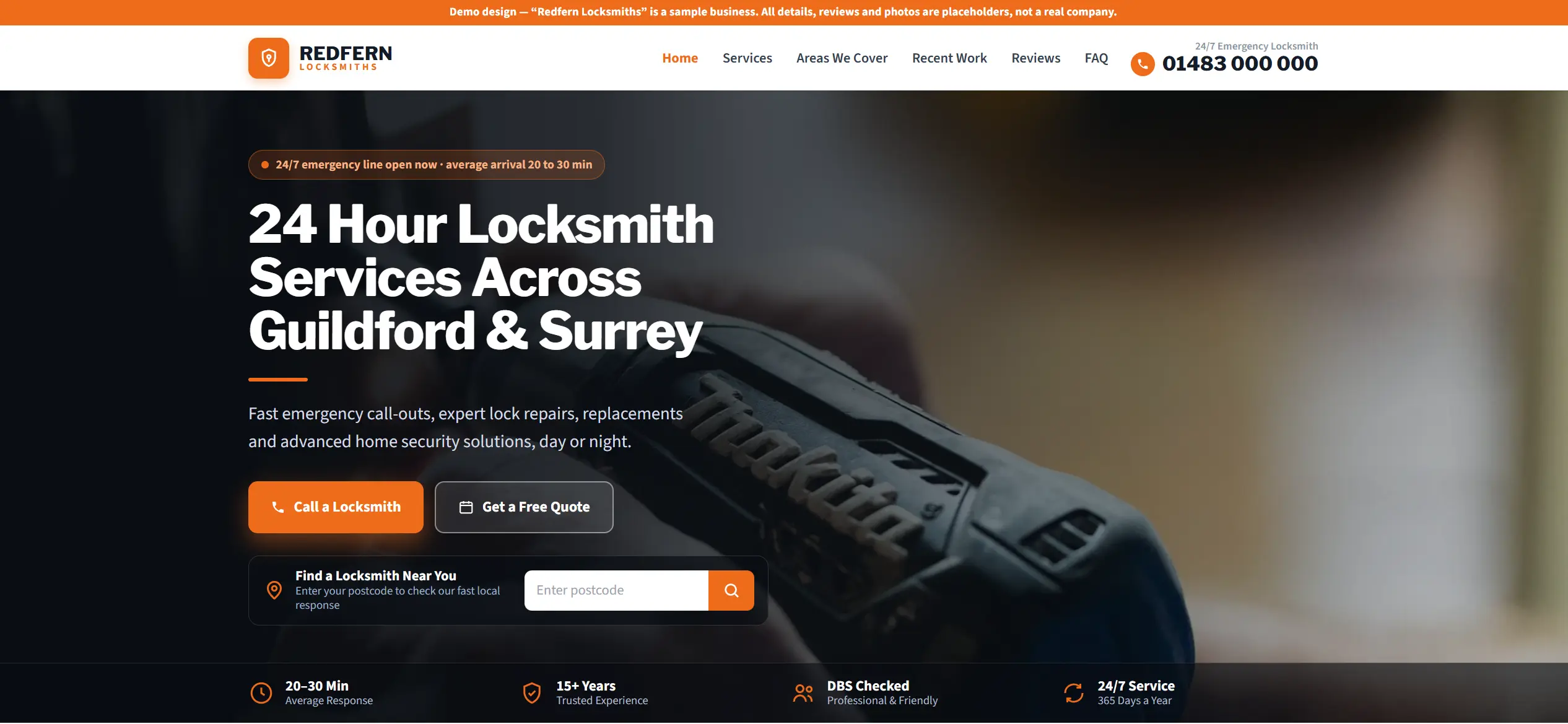 Homepage of the Redfern Locksmiths demo website showing an emergency locksmith hero section