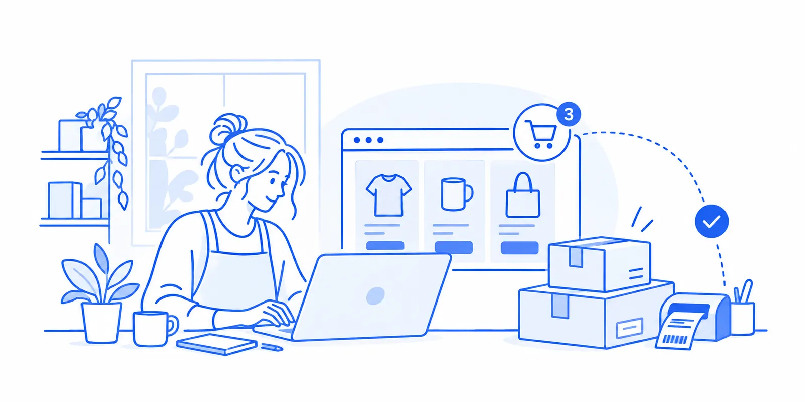 Small business owner running their online shop on a laptop, with a storefront, basket, and orders being packed and shipped