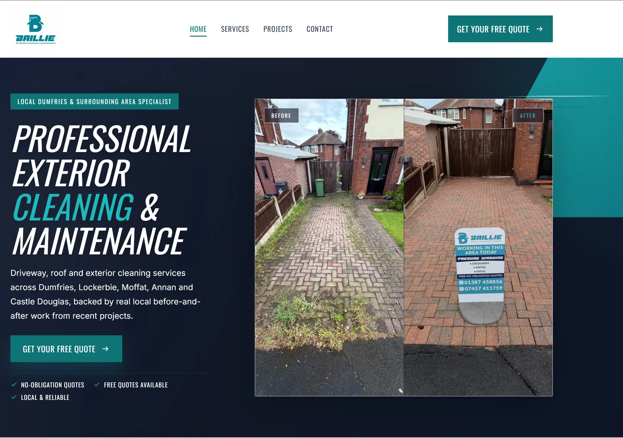 Homepage of the Baillie Exterior Cleaning & Maintenance website showing a driveway before-and-after