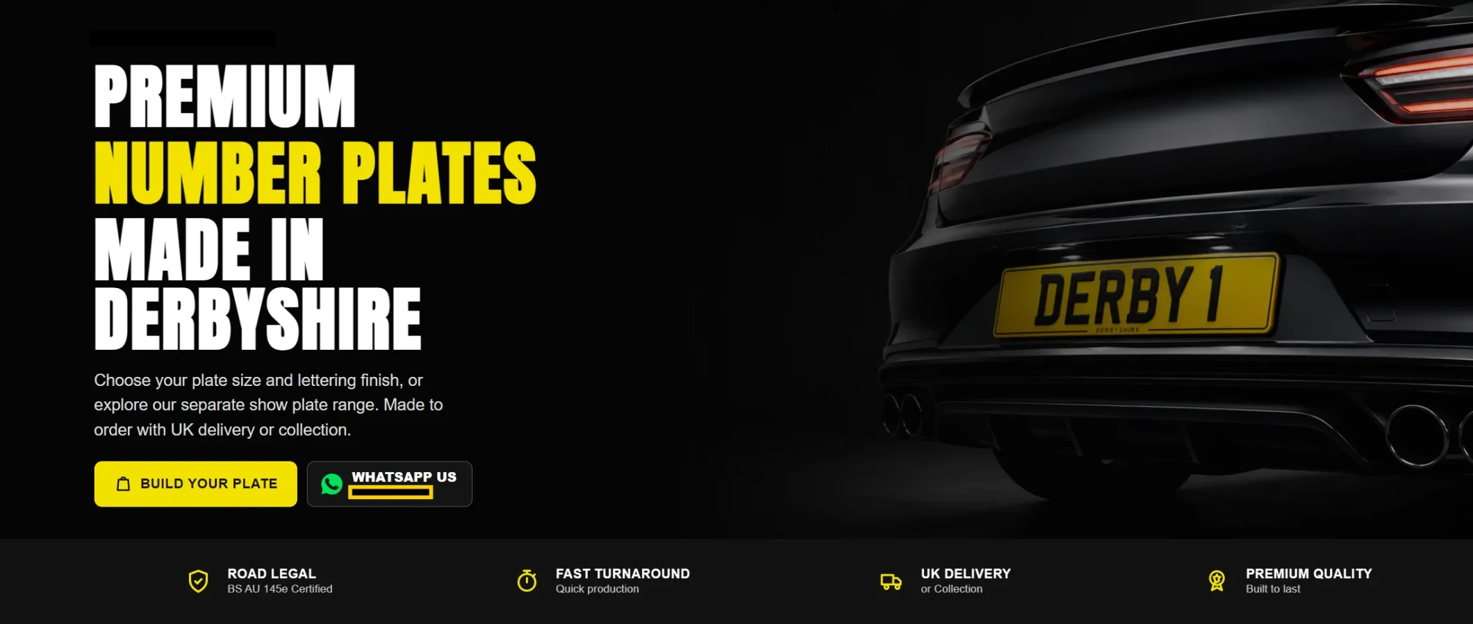Homepage of the Derbyshire Plates website showing “Premium number plates made in Derbyshire” beside a black car with a yellow DERBY 1 plate
