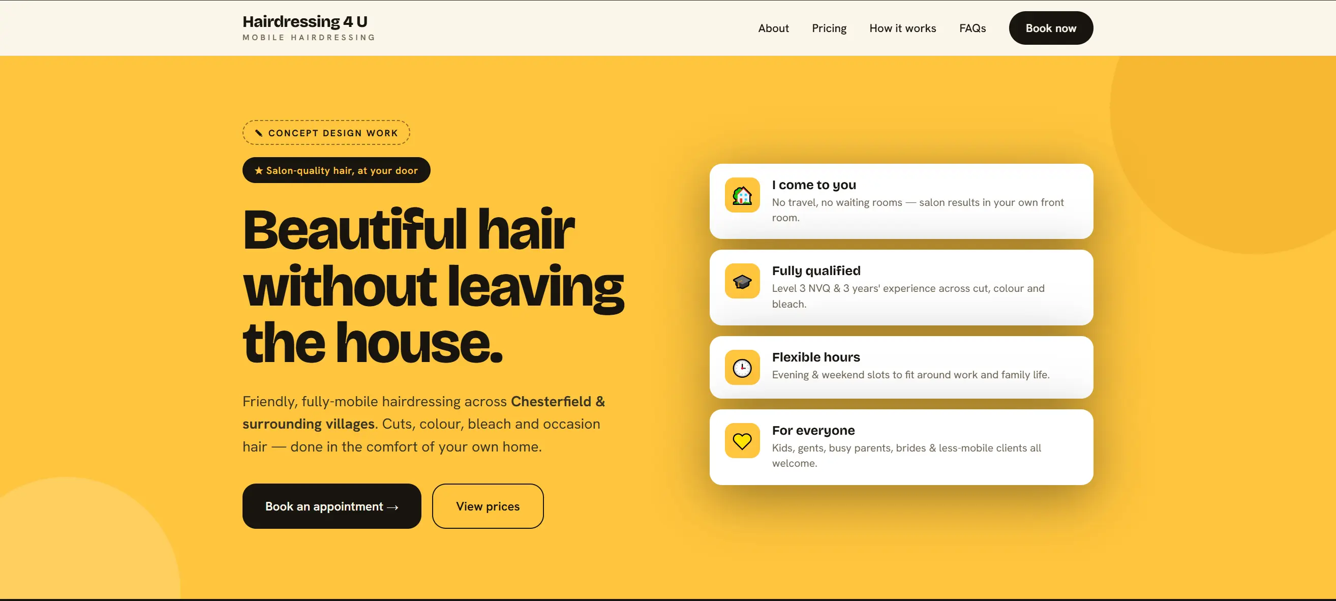 Homepage of the Hairdressing 4 U mobile hairdressing concept website